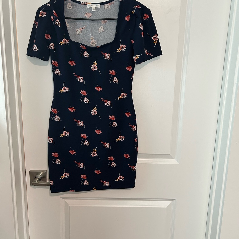 Floral Scoop Neck Mini Dress - Navy with Pink Floral